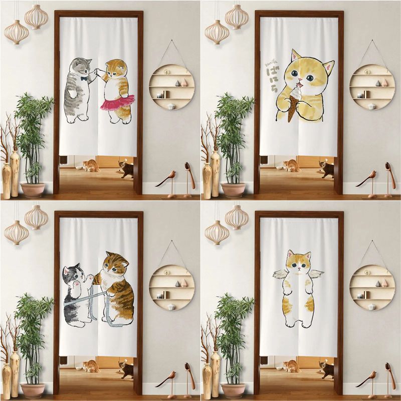 Cute Cat Home Door Curtain Fabric No-Drill Partition Curtain Kitchen Bathroom Privacy Decorative Han