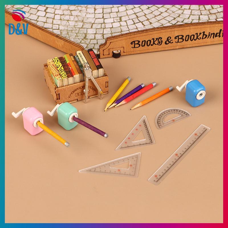 D&V 1:12 Dollhouse Simulation Mini Pencil Sharpener Pencilpass Ruler Dollhouse Study Room เครื่องเขี