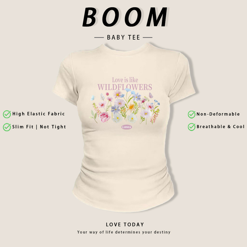 COD(จัดส่งภายใน 24 ชั่วโมง) เสื้อยืด  เกาหลี เสื้อครอปเข้ารูปbaby tee สาวอวบ y2k เสื้อคอกลม ลายดอกไม้ป่าน่ารักสดใส