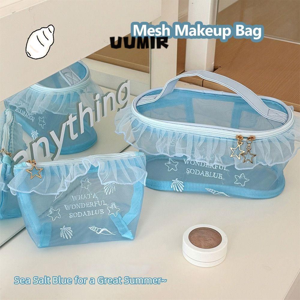 UUMIR ถุงตาข่าย, Blue Series กระเป๋าแต่งหน้าความจุขนาดใหญ่, ปิดซิปปักกระเป๋าเครื่องสําอาง Home Travel