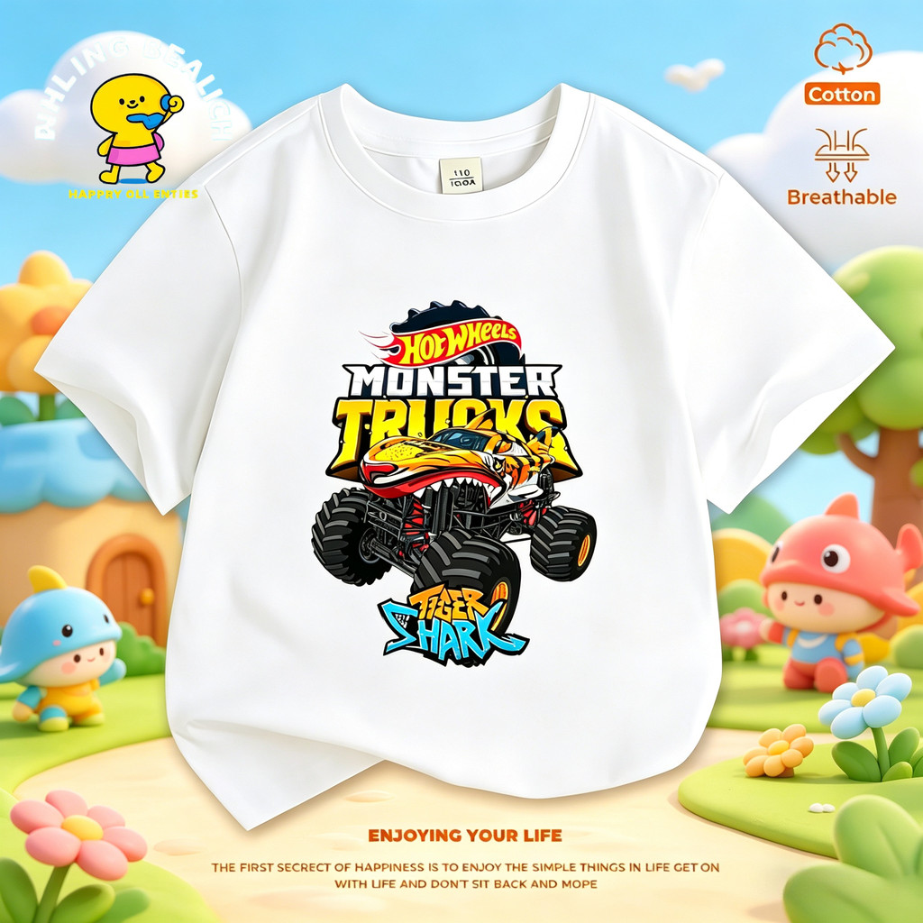 เสื้อยืดเด็ก ลาย Hot Wheels Monster Trucks รถมอนสเตอร์ยอดนิยม แขนสั้น คอกลม ผ้าฝ้าย ระบายอากาศ นุ่มสบาย สําหรับเด็กผู้ชาย-เด็กผู้หญิง พร้อมส่ง