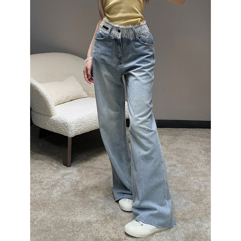 กางเกงยีนส์ทรงหลวม Miumiu เอวสูง กางเกงลายเล็กๆรอบเอวพร้อมคริสตัลระยิบระยับ ดีไซน์ยอดเยี่ยม