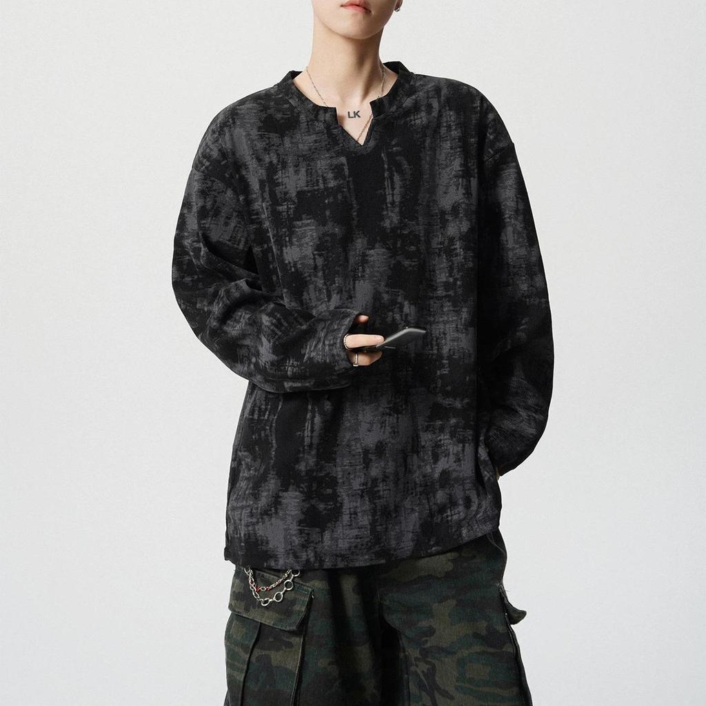 MR9 Long-sleeve T-shirt WY29 เสื้อยืดแขนยาว ลายมัดย้อม คอวี เสื้อยืดทรงหลวม สไตล์วินเทจ ขาว ดำ M-3XL