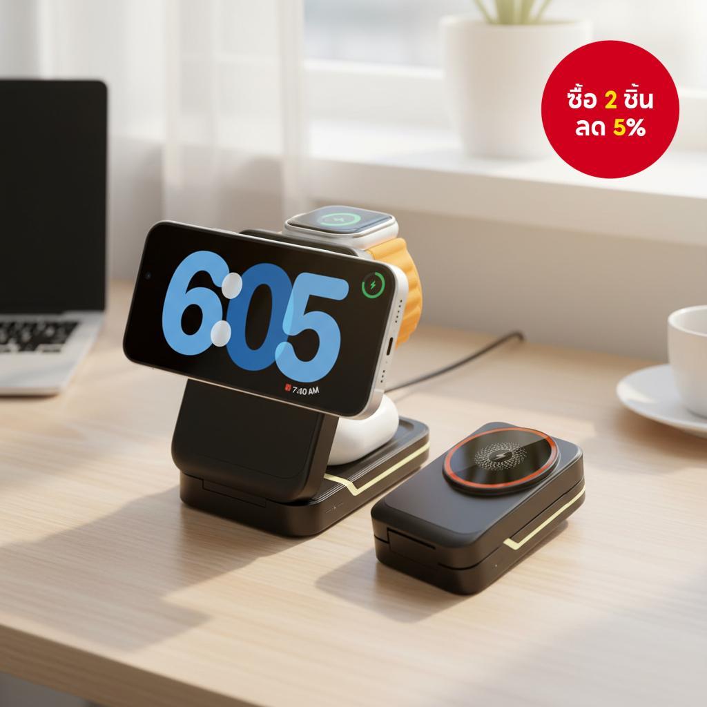 สถานีชาร์จไร้สายแม่เหล็ก 3 in 1 พกพาสะดวก สําหรับ iPhone 16 15 14 13 12 Pro, Apple Watch Series 9 2 