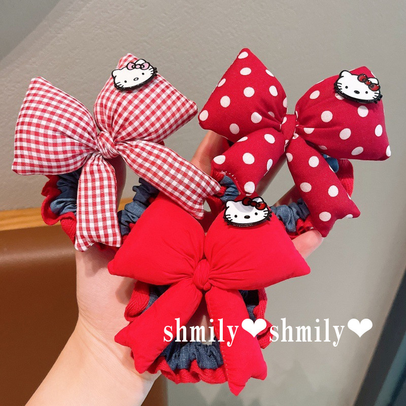 ผ้าโพกศีรษะสไตล์เกาหลีสีแดง กับคิตตี้โบว์สำหรับทำผมหางม้าต่ำ