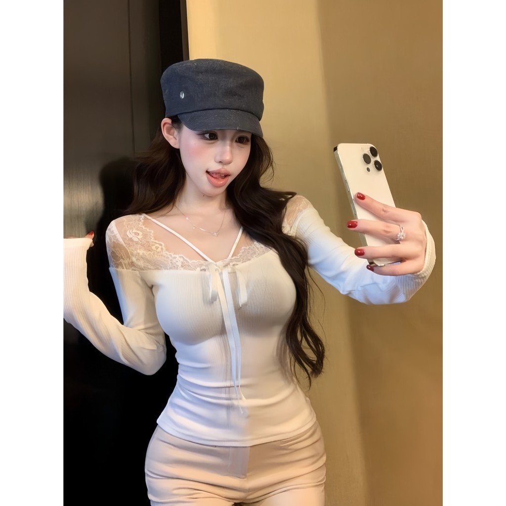 SultrySia เสื้อแขนยาวผู้หญิง สไตล์เกาหลี เข้ารูป ลูกไม้ ผ้านุ่ม ผ้าซีทรูบางเบา แฟชั่นมาก FY8727-0 - รูปที่ 5