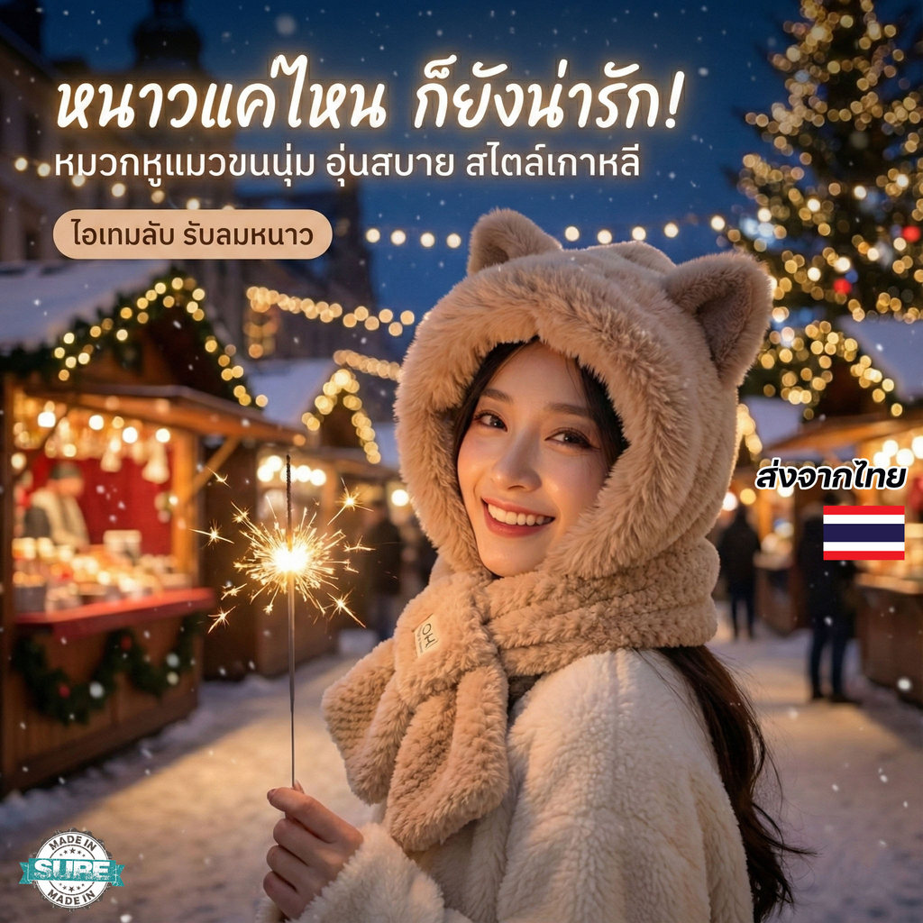 หมวกกันหนาวหูแมว ขนเฟอร์ฟู หนาพิเศษ พร้อมผ้าพันคอ ใส่แล้วอุ่นทันที เหมาะกับอากาศเย็น
