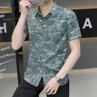 เสื้อเชิ้ตแขนสั้นพิมพ์ลายโพลีเอสเตอร์ 100% สีน้ำเงินส้นเขียว M-3XL เทศกาลสงกรานต์