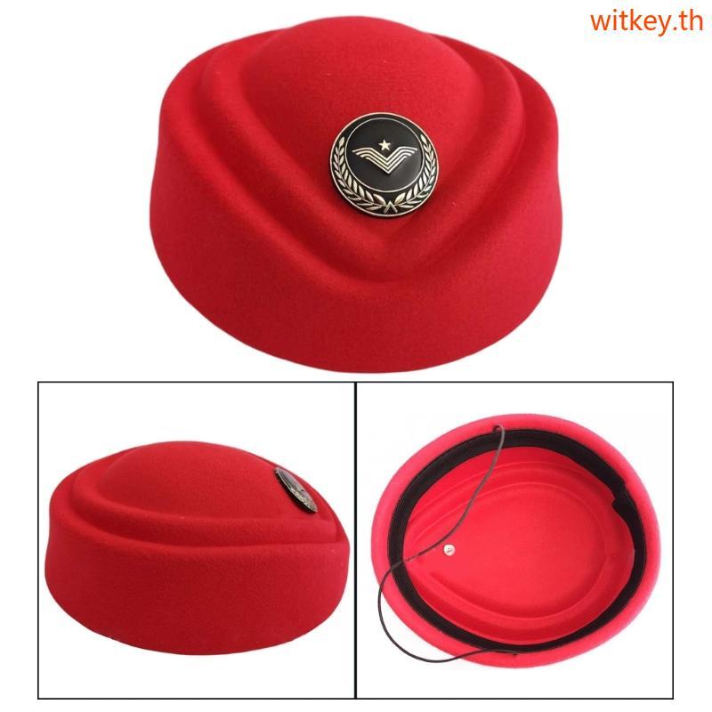 WIT Stewardess หมวก Air Hostess เครื่องแต่งกาย Maroon หมวกสําหรับปาร์ตี้สวมหน้ากากคอสเพลย์