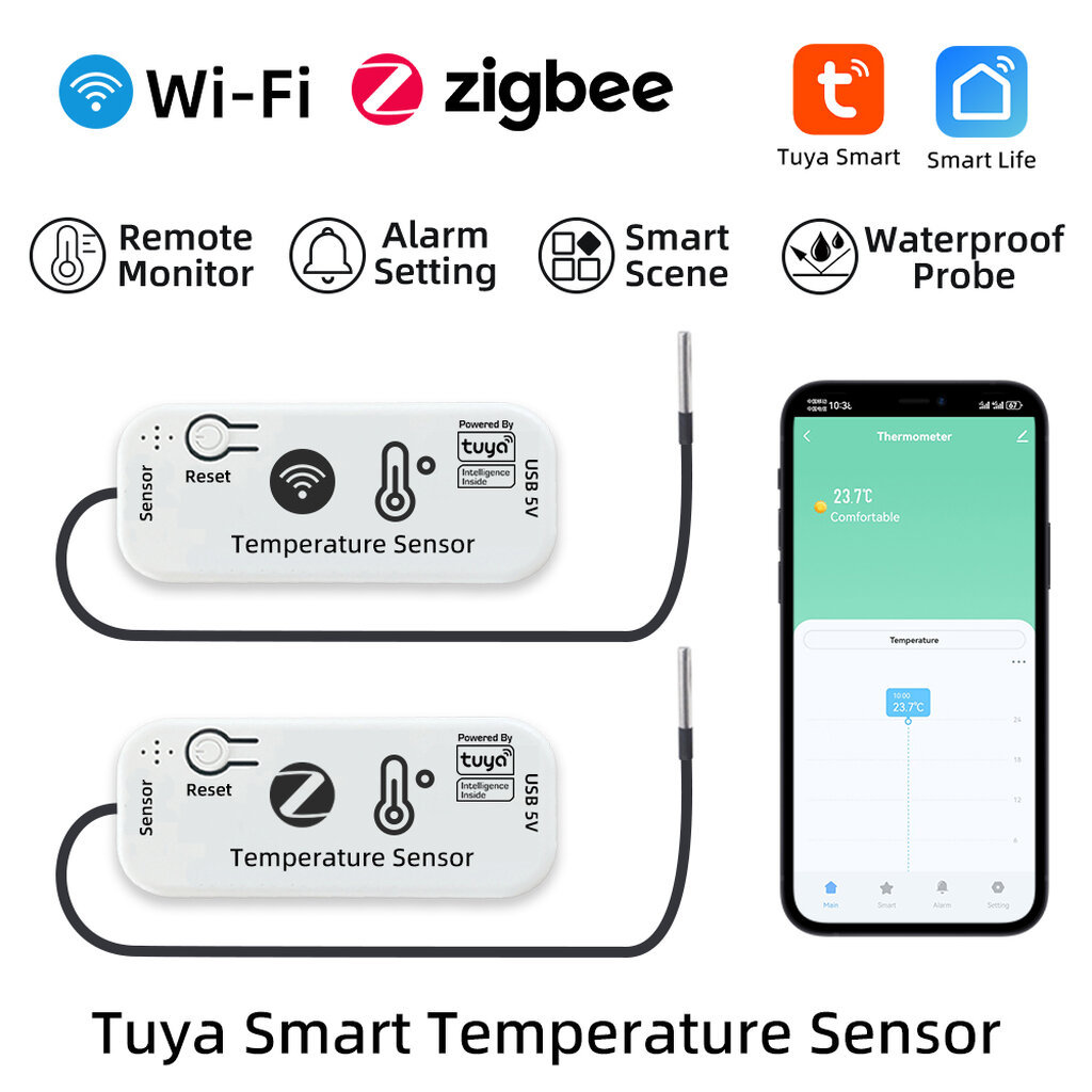 Tuya เซ็นเซอร์วัดอุณหภูมิแบบหัวกันน้ำ Wi-Fi/Zigbee ใช้ไฟ USB 5V ดูค่า ตั้งเงื่อนไขผ่านแอป