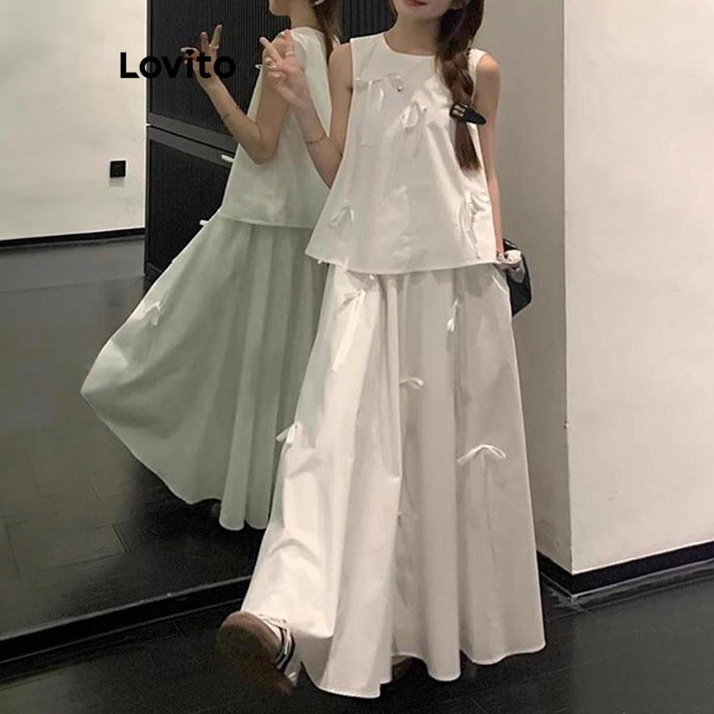 Lovito ชุดเซทกระโปรงผู้หญิง แต่งโบว์ สีพื้น สไตล์ลำลอง LNA65280