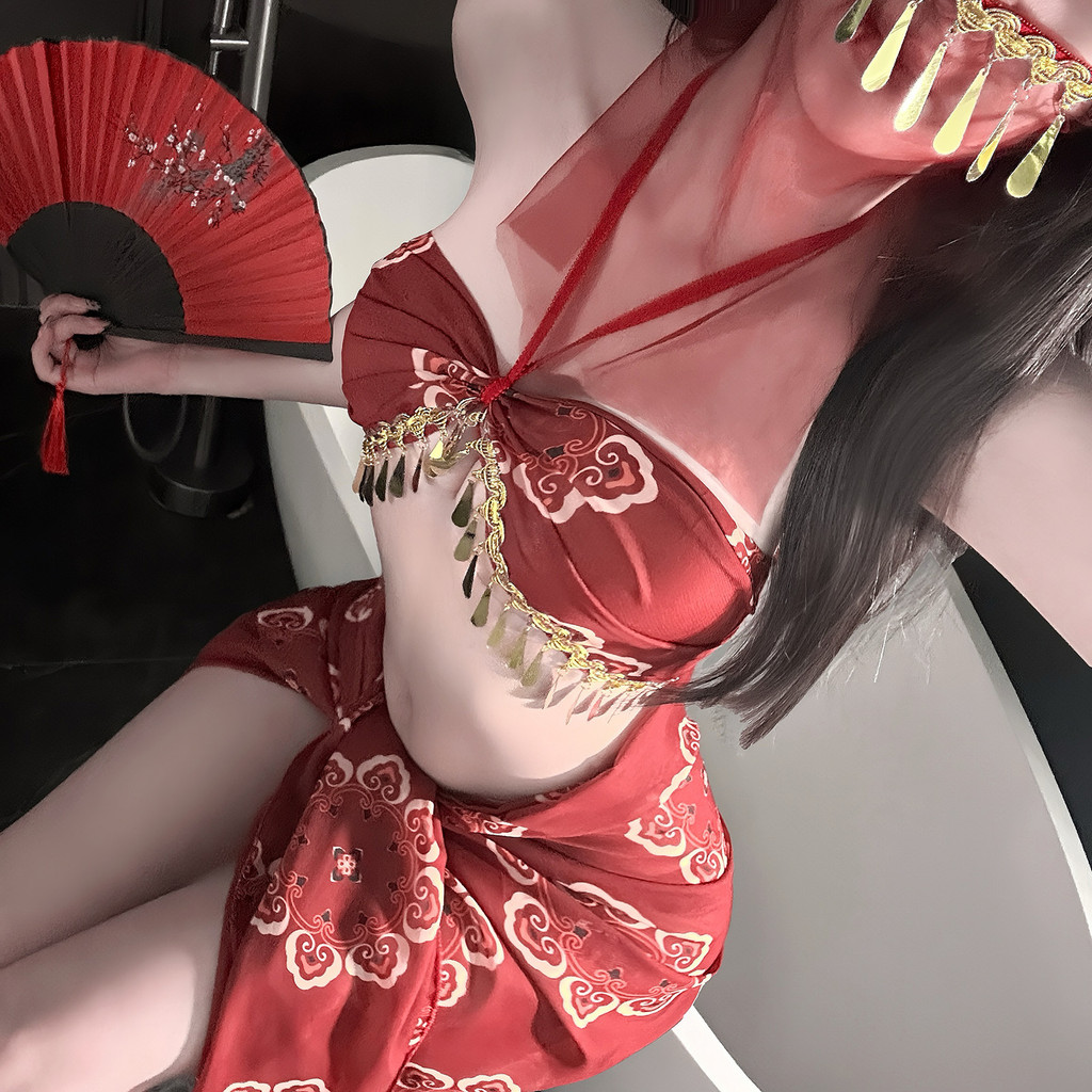 Sexy Bloom ชุดฮั่นฝู ชุดนอนสองชิ้นสุดเซ็กซี่ ❤️‍ สไตล์การเต้นรำตุนหวง❤️‍  สีแดง เซ็กซี่ จัดส่งรวดเร็วจากประเทศไทย ราคา ถูกที่สุด ดีลบีเคเค แกลเลอรีภาพที่ 6