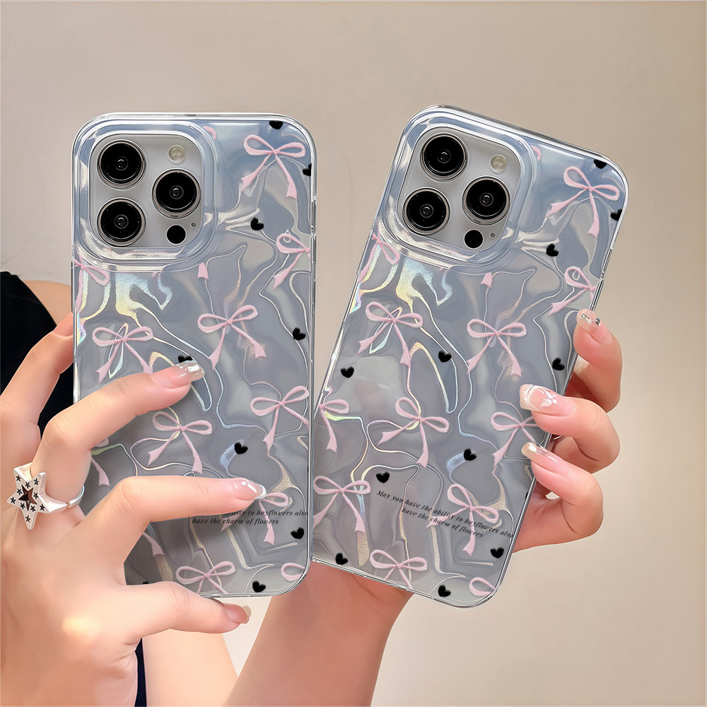 เคสโทรศัพท์ลายคลื่นน้ำ โบว์สีชมพู For iPhone 17 15 11 16 13 12 14 Pro Max 8 7Plus XR 16 14 15 Plus 6s X XS Max SE 2020