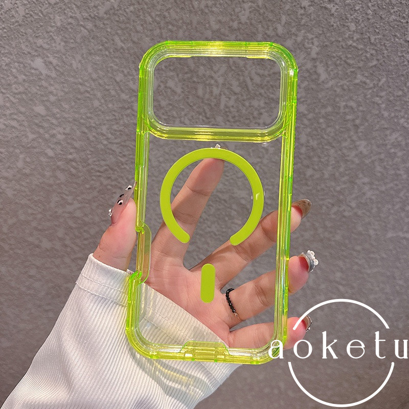 สีเขียวเรืองแสงเหมาะสําหรับ แอปเปิล 17 เคสโทรศัพท์แม่เหล็กดูดเต็มแพคเกจป้องกันการตก ไอโฟน 16 โปรแม็กซ์ สามในหนึ่งเดียว 15/14/13/12/11 ขั้นสูงโปร่งใสเคสป้อง ราคาถูก Shopee Lazada