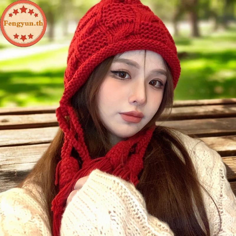 FENGYUN sel ถักทําด้วยผ้าขนสัตว์ผู้หญิงฤดูใบไม้ร่วงฤดูหนาวที่อบอุ่นป้องกันหูหมวกหวานและน่ารักหมวกทํา