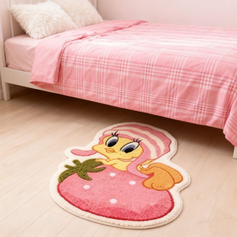 粉色系可爱草莓小翠儿周边地毯卧室床边毯少女房间布置异形崔弟垫1.1Pink Series Lovely Strawberry Cuier Surround Carpet Bedroom Bedside