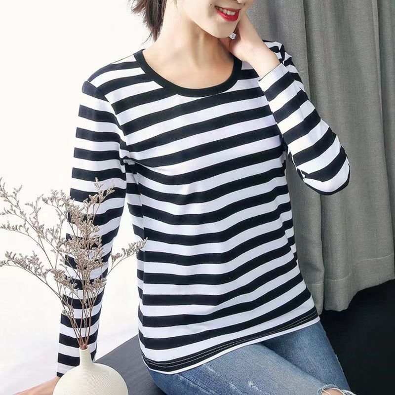 ฤดูใบไม้ผลิฤดูใบไม้ร่วงสีดําสีขาวลาย Bottoming สไตล์ใหม่เสื้อยืดแขนยาวหลวมเสื้อยืดเกาหลีรุ่น Slim-Fi