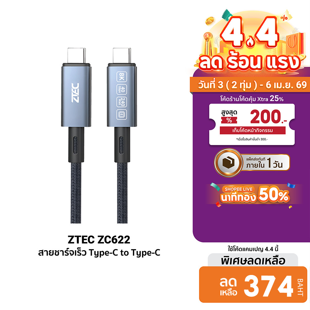 ZTEC ZC622 สายชาร์จไนลอนถัก 240W USB-C to USB-C Thunder 4 / 3 , USB4 เชื่อมต่อภาพขึ้นสูงสุด 8K -2Y