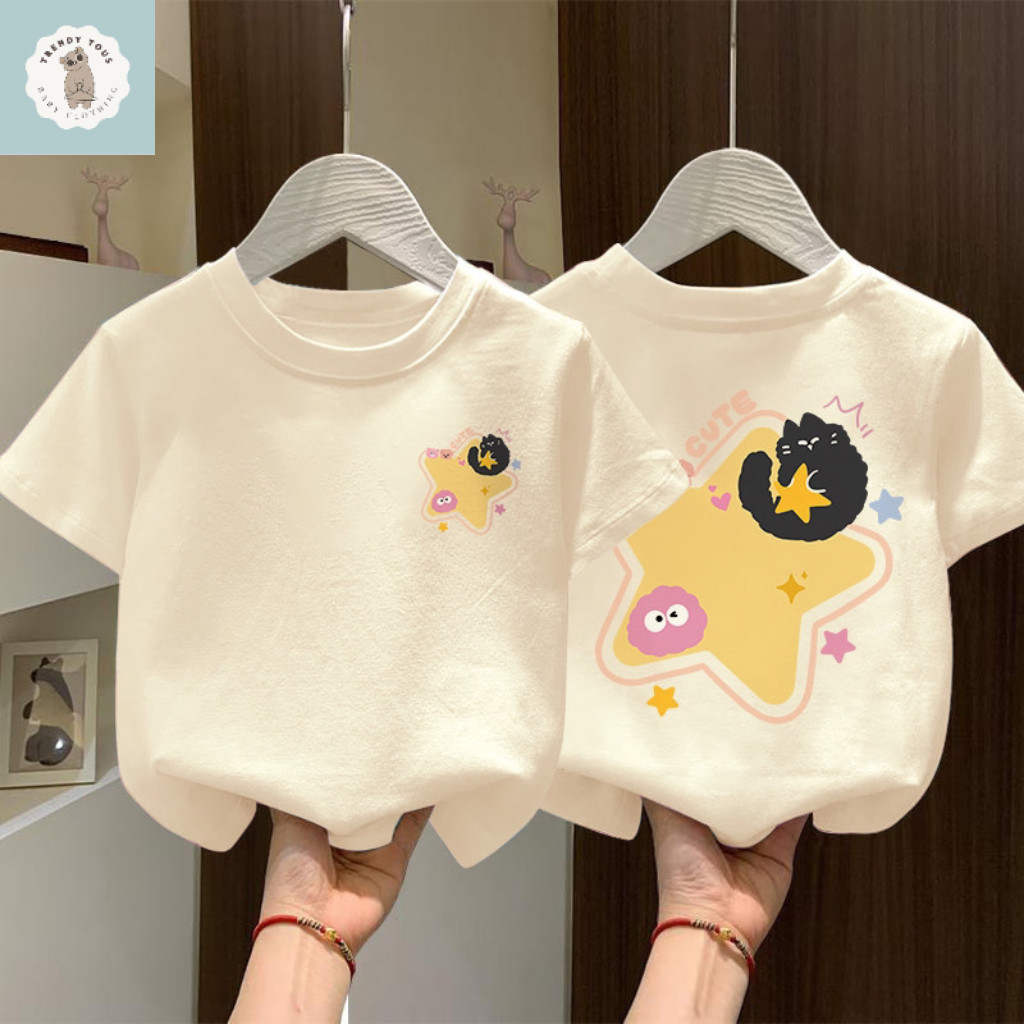 เสื้อยืดแขนสั้นสำหรับเด็ก สไตล์ใหม่สำหรับฤดูร้อน ลายการ์ตูนแมว เสื้อลำลอง เหมาะสำหรับเด็กวัยกลางและเด็กโต ดีไซน์พิมพ์ลาย