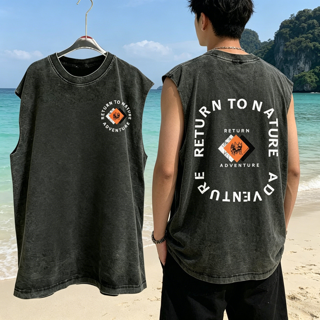 🌵ChillTee🌵แขนกุด เสื้อกีฬา oversize ผ้าCotton 100% สบายและนุ่ม หลวม เสื้อแขนกุด 'RETURN' เสื้อกล้ามผู้ชายไปทะเล3XL