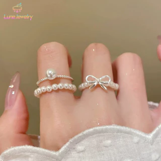 COD💖ชุดแหวนลูกปัดโบว์สุดหรู 3 ชิ้น แหวนมินิมอลที่สามารถมิกซ์แอนด์แมทช์กันได้-Lune