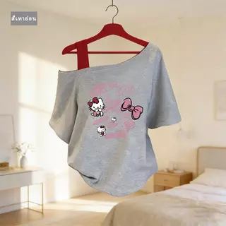 M-3XL Hello Kitty พิมพ์ลายหวาน เสื้อผ้าแฟชั่นตามกระแส เสื้อเชิ้ต T ของสาวอ้วน เสื้อสไตล์อเมริกัน เสื้อผ้าวินเทจหญิงเท่ๆ
