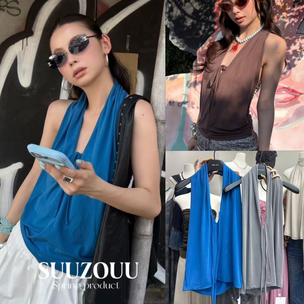 ❤ 🧵 🇰🇷 SU130 เสื้อคล้องคอ แต่งเชือกมัดโบว์ช่วงอก งานโลว์หลัง ด้านหลังแต่งสม็อคตรงขอบเล็กๆ แฟชั่นเกาหลี TAG MM Fish 🧡