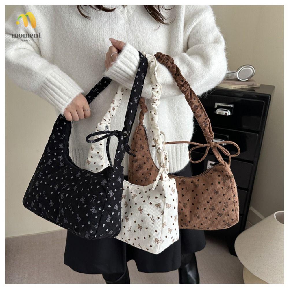 MOMENT Underarm Bag, Large Capacity Cute Bowknot Shoulder Bag, Fashion Long Belt Multicolor Corduroy