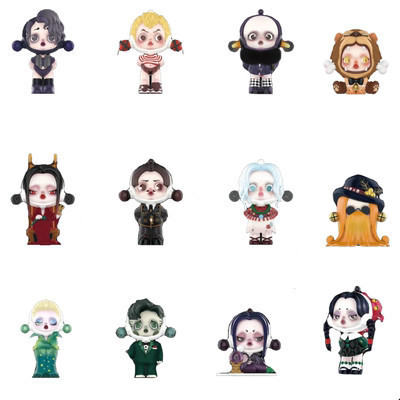 POPMART SKULLPANDA Adams Family Series เครื่องประดับอินเทรนด์เล่นฟิกเกอร์ปริศนากล่องของขวัญ