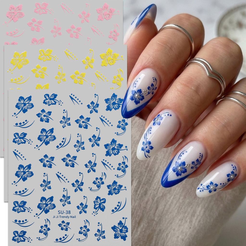 HAMA 3D นูนสติกเกอร์เล็บดอกไม้ Sakura Leaf Design Gold Silver สีขาวสีดําสีชมพูดอกไม้กาว Decals DIY ตกแต่งเล็บอุปกรณ์แต่งเล็บ