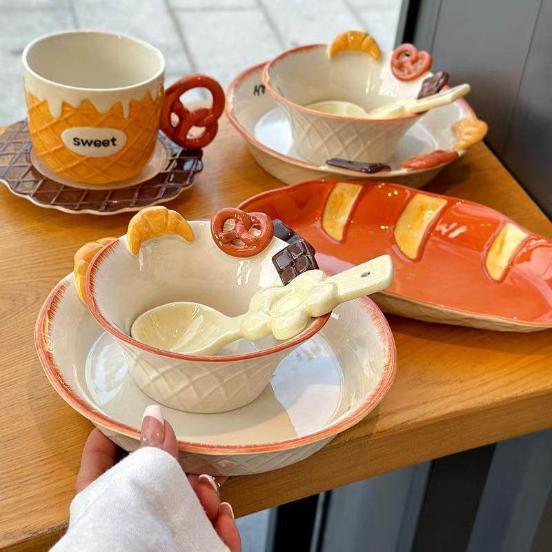 【พร้อมส่ง】แก้วกาแฟ เซรามิก ลายน่ารัก สไตล์คาเฟ่ ชามและจานเซรามิก
