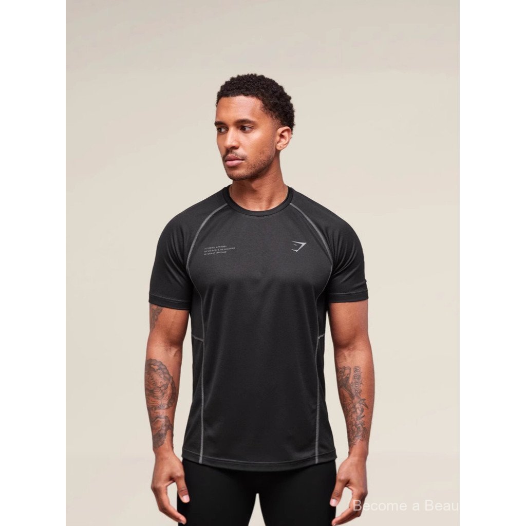 GYMSHARK Summer Shark New Trendy Brand Sports Fitness Mesh Fabric Plus Size Printed Short Sleeve for