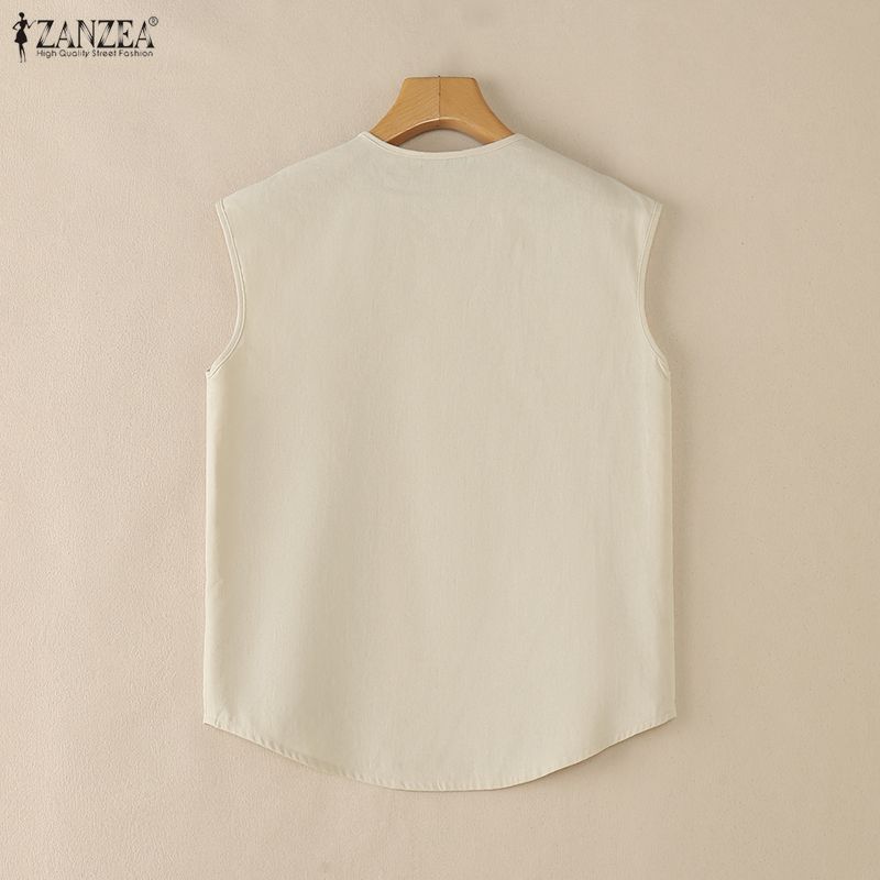 ZANZEA เสื้อเบลาส์เรียบง่ายสไตล์เกาหลีของผู้หญิงทุกวันลําลอง O คอแขนกุดสีทึบ — صورة 8