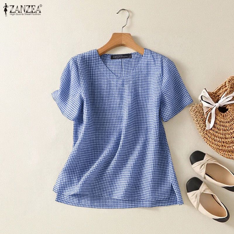 ZANZEA สไตล์เกาหลีวินเทจ สำหรับผู้หญิง ลายตารางหมากฮอส แขนสั้น ทรงหลวม — صورة 5