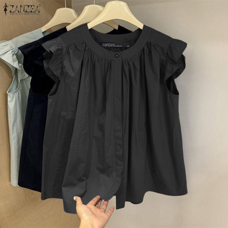 ZANZEA สไตล์เกาหลีเสื้อแขนปูกะพันสำหรับผู้หญิง ดีไซน์ปลอกคอดีเทลด้วย pleats ทรงหลวม สไตล์ A-line เหมาะสำหรับฤดูร้อน — صورة 4
