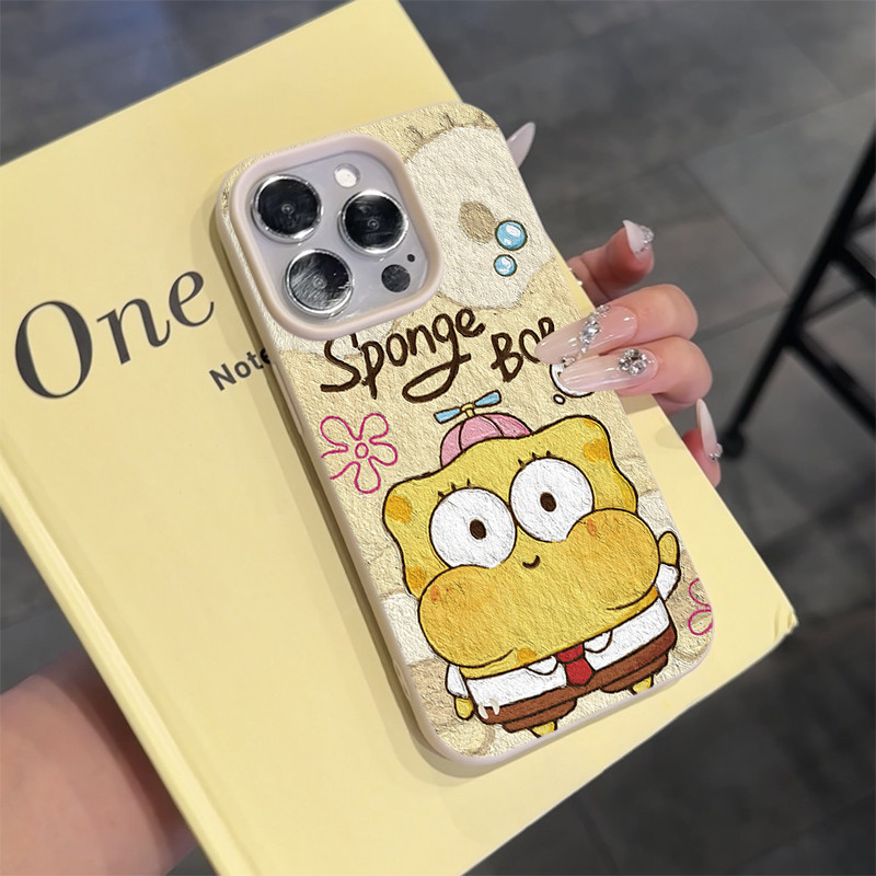 เคสไอโฟน สำหรับ iPhone 17 16 15 11 12 13 14 6 6P 7 8Plus X XR XS Max ภาพวาดสีน้ำมัน สปอนจ์บ็อบ เปลือกนิ่มลายลิ้นจี่