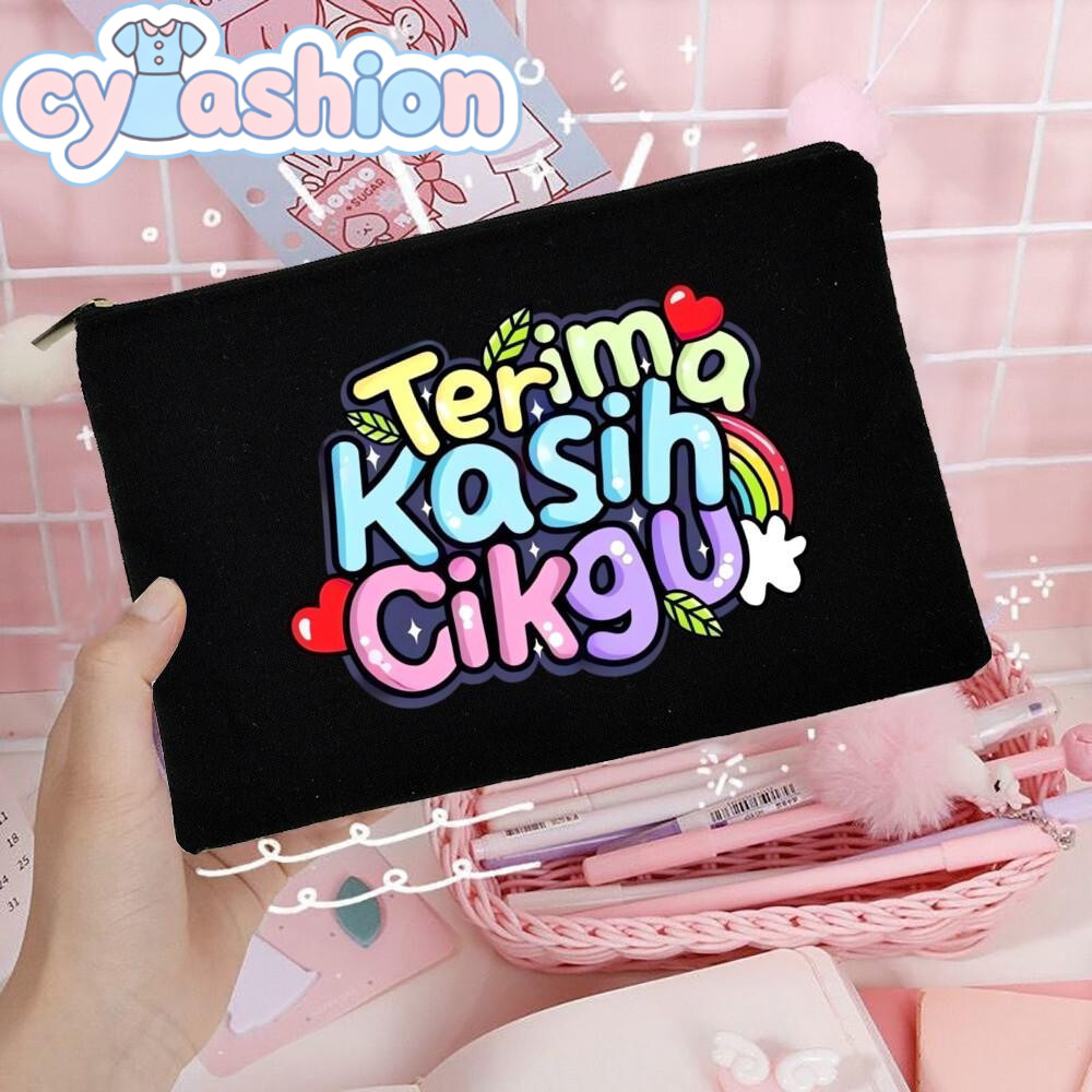 Happy Teachers Day Print Canvas Makeup Bag Zipper Coin & Pencil Pouch Daily Use