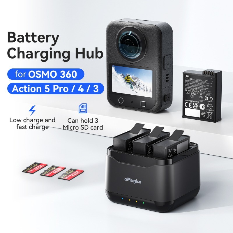 AMagisn 3 Slot Battery Charger Fast 2H Charge Smart Battery Safe Charger Dock สําหรับ DJI Osmo Actio
