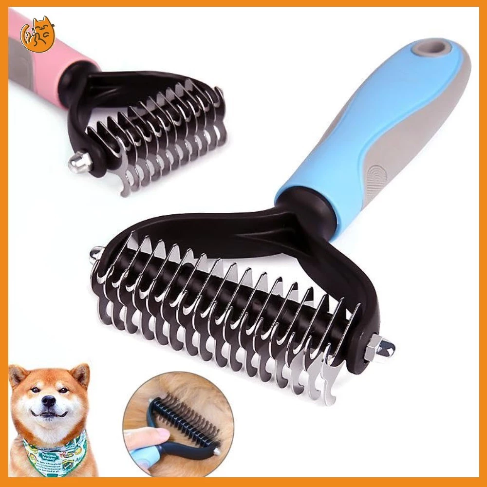 หวีกรูมมิ่งสัตว์เลี้ยงสองด้าน Undercoat Rake Deshedding Dematting แปรงสําหรับสุนัขแมวขนร่วงกําจัดขน