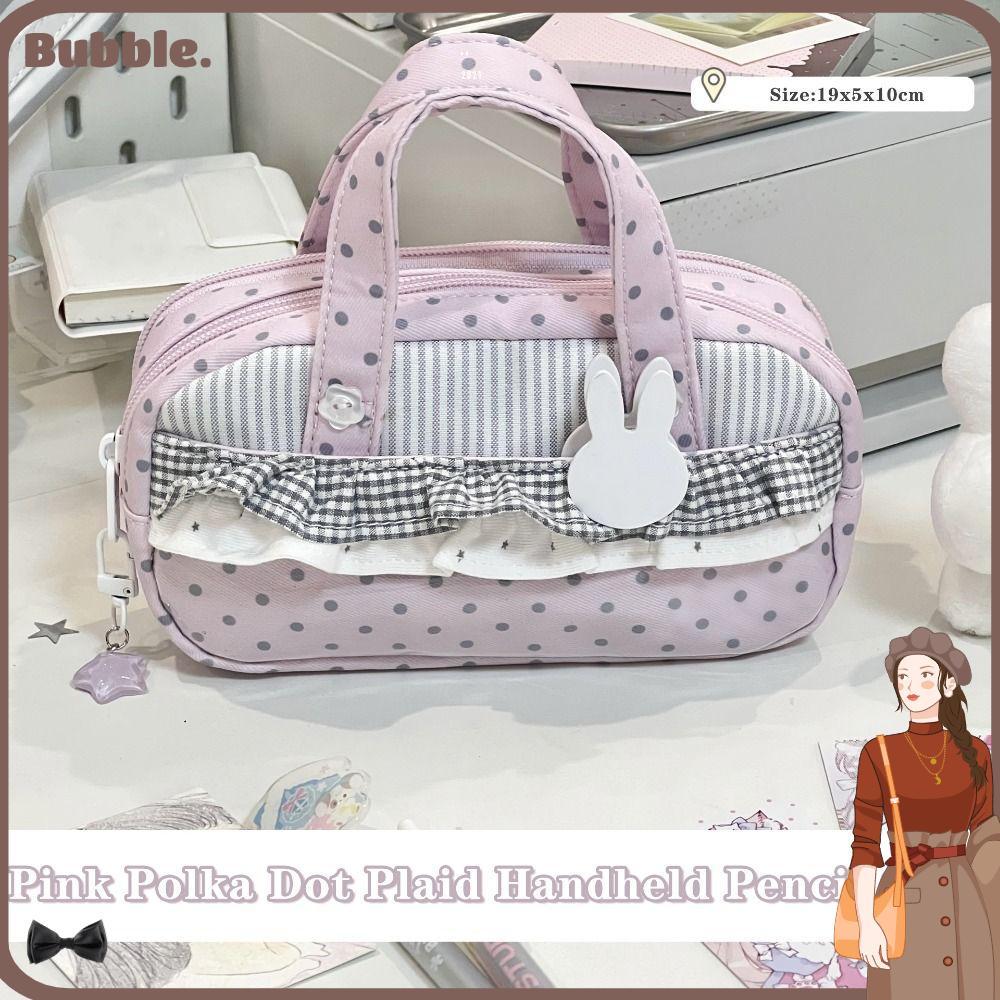 กระเป๋าดินสอ BUBBLE, Handheld Pink Polka Dot Plaid Pencil, Aesthetic Large Capacity Multi-Compartment with Itabag เครื่องเขียน Organizer ของขวัญ