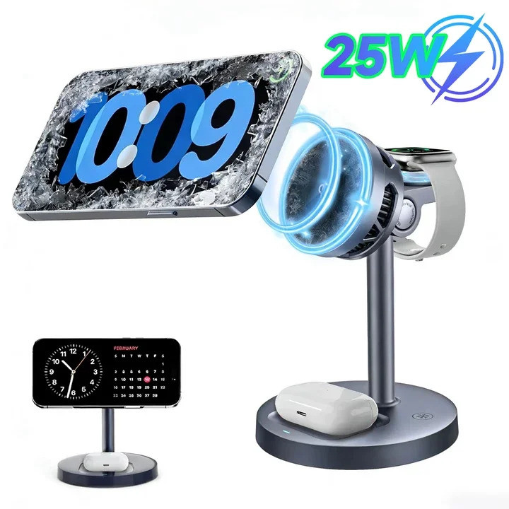 25W Qi2 แม่เหล็ก 3 ใน 1 Wireless Charger ขาตั้งโทรศัพท์สําหรับ iPhone 17 16 15 Pro Max 14 13 12 นาฬิกา 10~2 AirPods 4 Pro