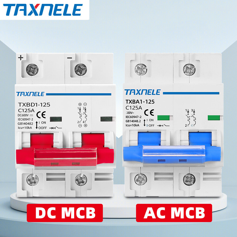Taxnele 2P DC 600V Solar Mini Circuit Breaker สวิตช์แบตเตอรี่ 125A 100A MCB ระบบ PV พลังงานแสงอาทิตย์