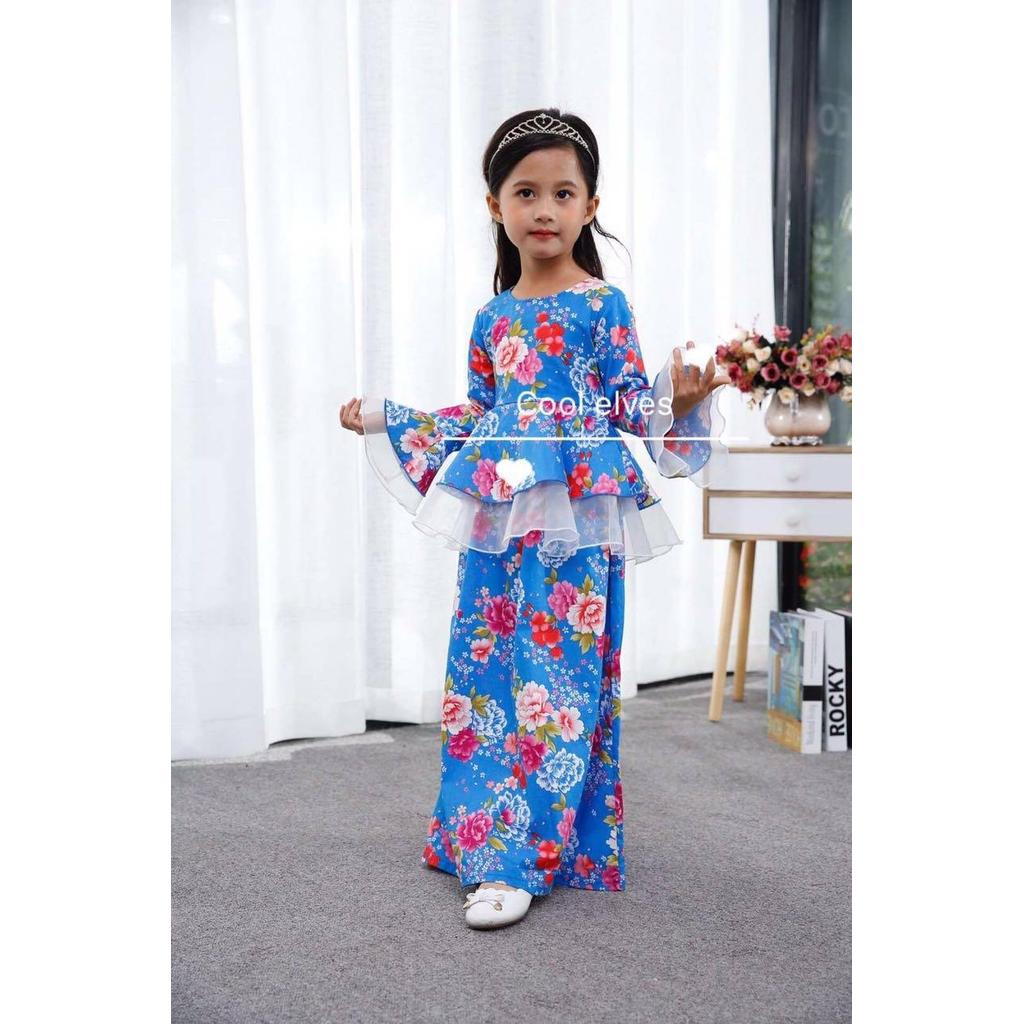 COOLELVES Flower Peplum Dress -BLUE 1 2 3Y