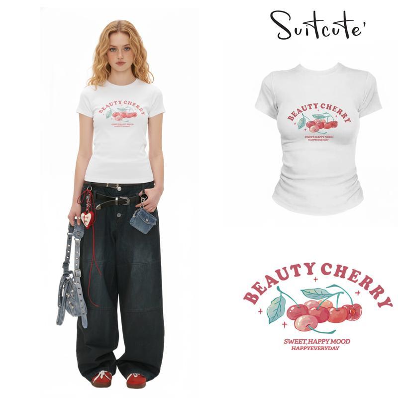 Suitcute D001 กรีนคิวท์ เสื้อยืดแขนสั้นผู้หญิงลายหิมะ สบายๆ สำหรับใส่ทุกวันและทำงาน