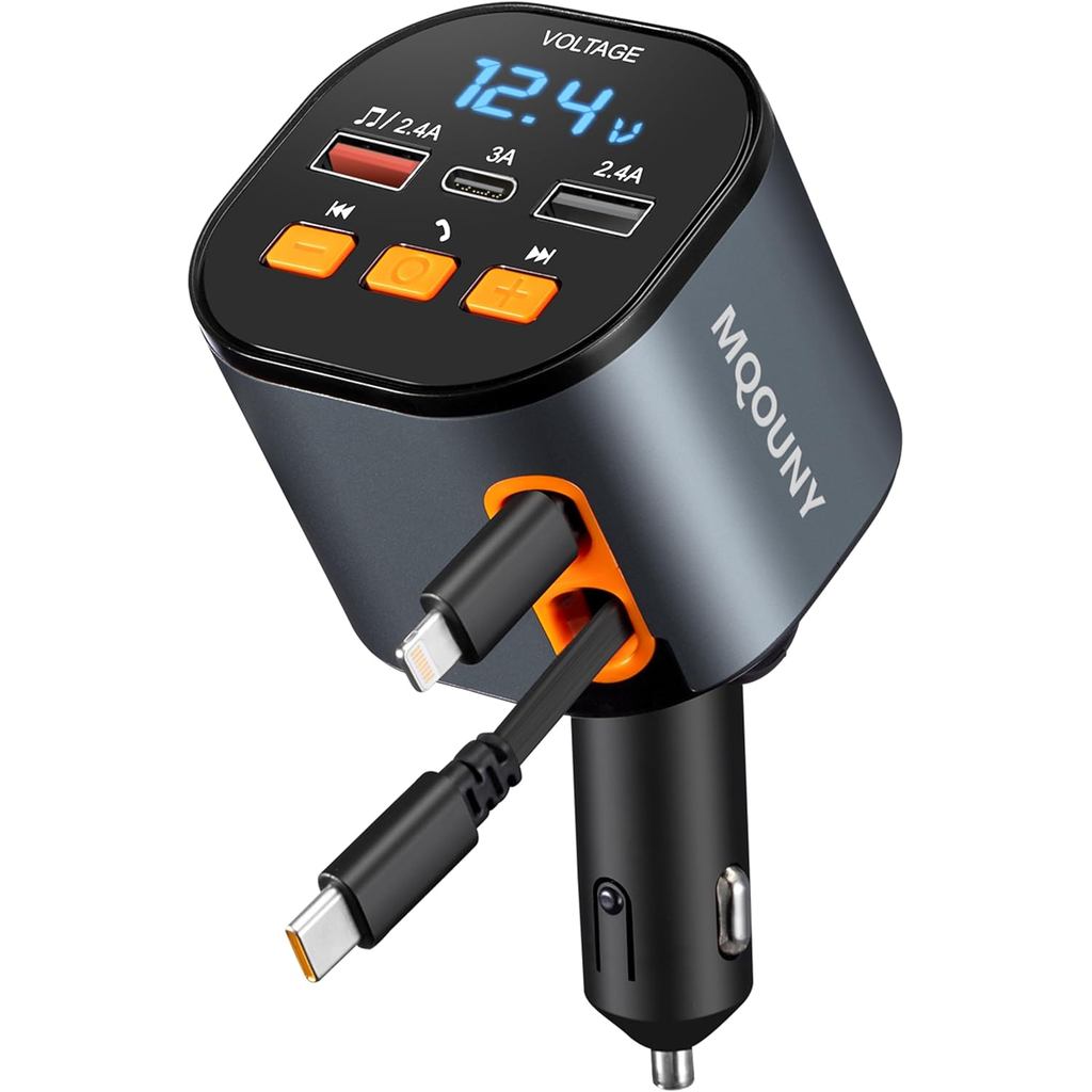 ที่ชาร์จในรถยนต์แบบยืดหดได้,5 in 1 Fast Cars Phone Charger 90W,Bluetooth 5.3 FM Transmitter Adapter,