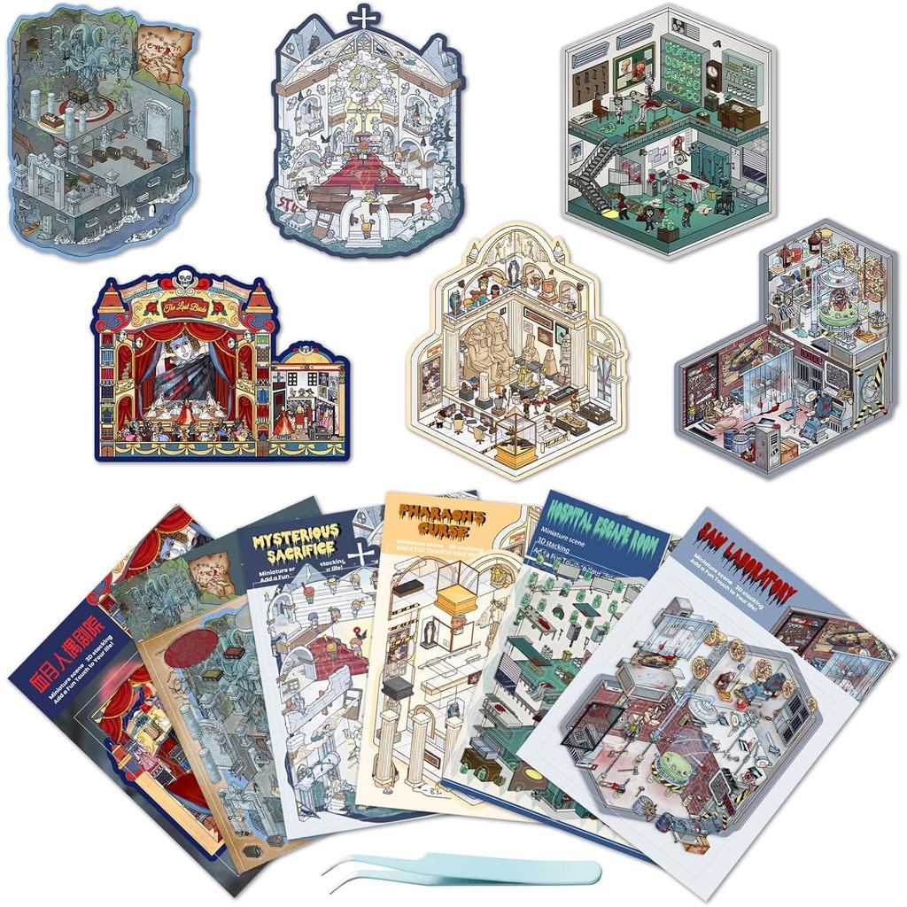 6 ชุด DIY 3D Terror สติกเกอร์ฉากสําหรับวัยรุ่น, Spooky 3D บ้านสติกเกอร์บําบัดผู้ใหญ่ฮาโลวีนน่ากลัวฉา