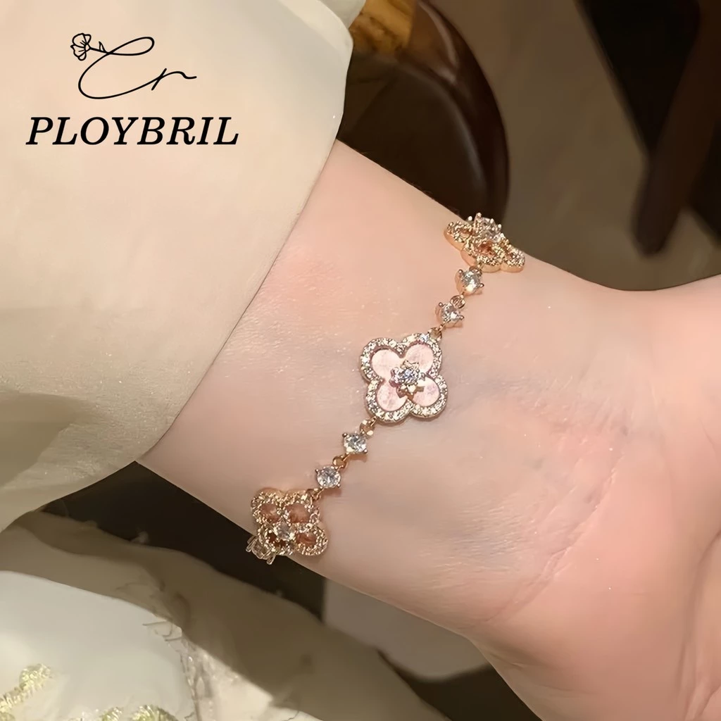 PLOYBRIL สร้อยข้อมือโคลเวอร์สี่ กุหลาบทอง สำหรับผู้หญิง อุปกรณ์แต่งกายสไตล์เกาหลี ของขวัญวันเกิด S022 thumbnail 3