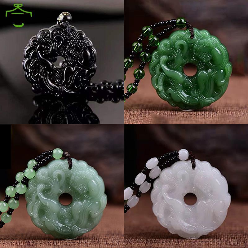 [FHC] แฟชั่นหยกสีเขียว Hand-Carved Dragon Hollow จี้หยกสร้อยคอ Multicolor Amulet ผู้หญิง Mans Lucky 