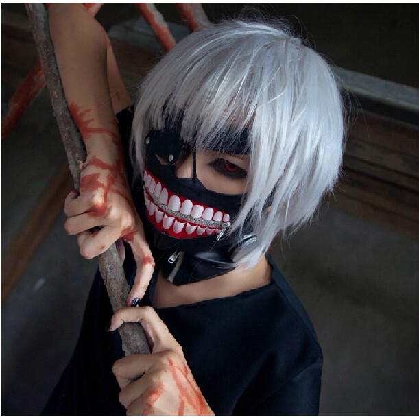 วิกผมและหน้ากาก cosplay ตัวละคร Tokyo Ghoul Kaneki Ken ผมเงินสั้น พร้อมซิปรอบหน้ากาก