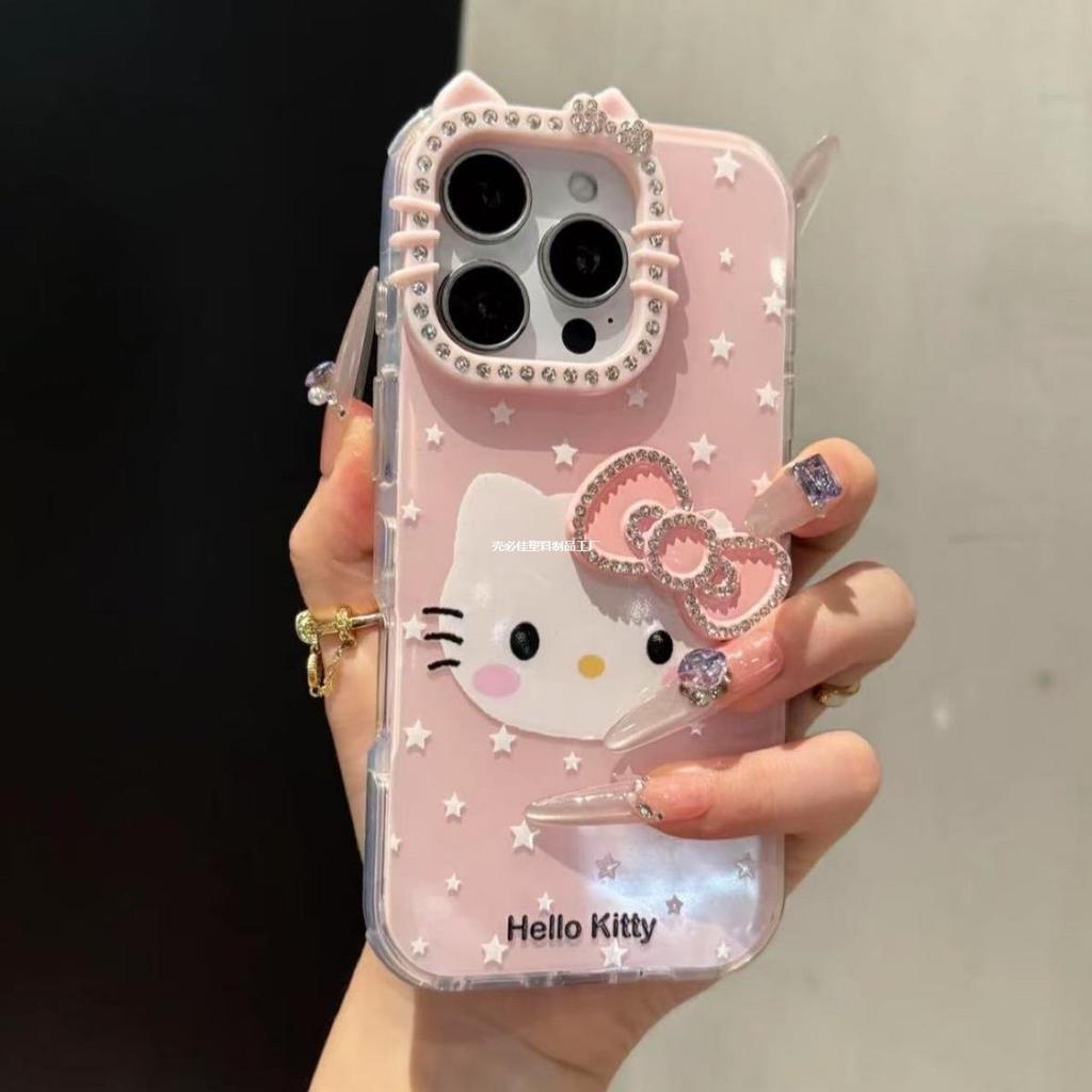 High-value ims Point Diamond Frame kt Cat โบว์สามมิติเหมาะสําหรับ 16pro เคสโทรศัพท์ Apple 15 สไตล์ใหม่ 14 หญิง